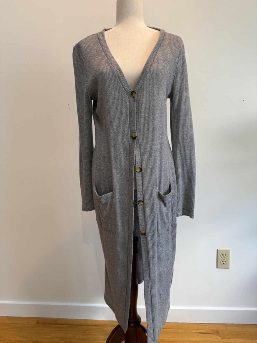 Long Ribbed Button-Front Gray Cardigan Sweater